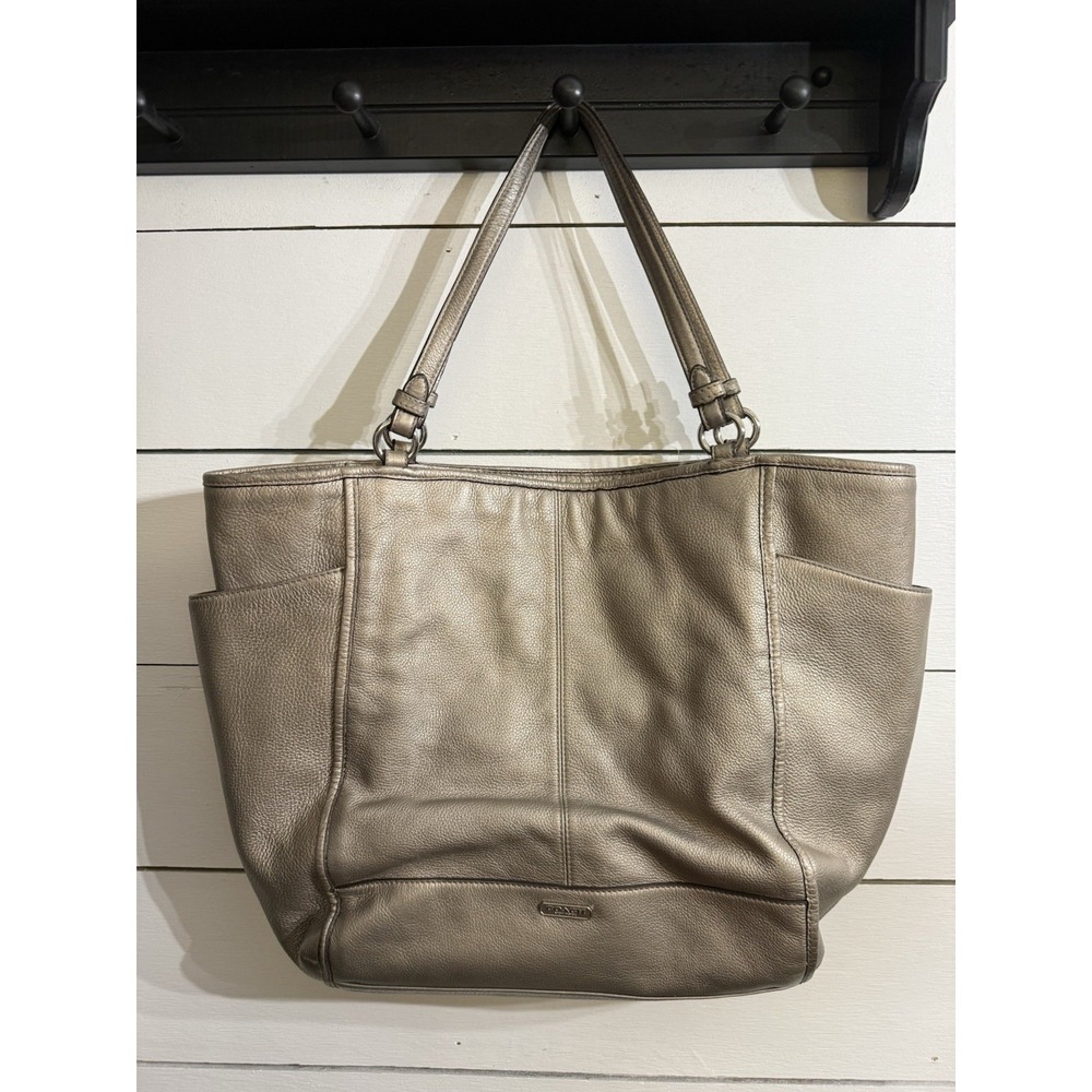 Coach Park Pebbled Leather Large Carryall Tote Bag Silver Champagne